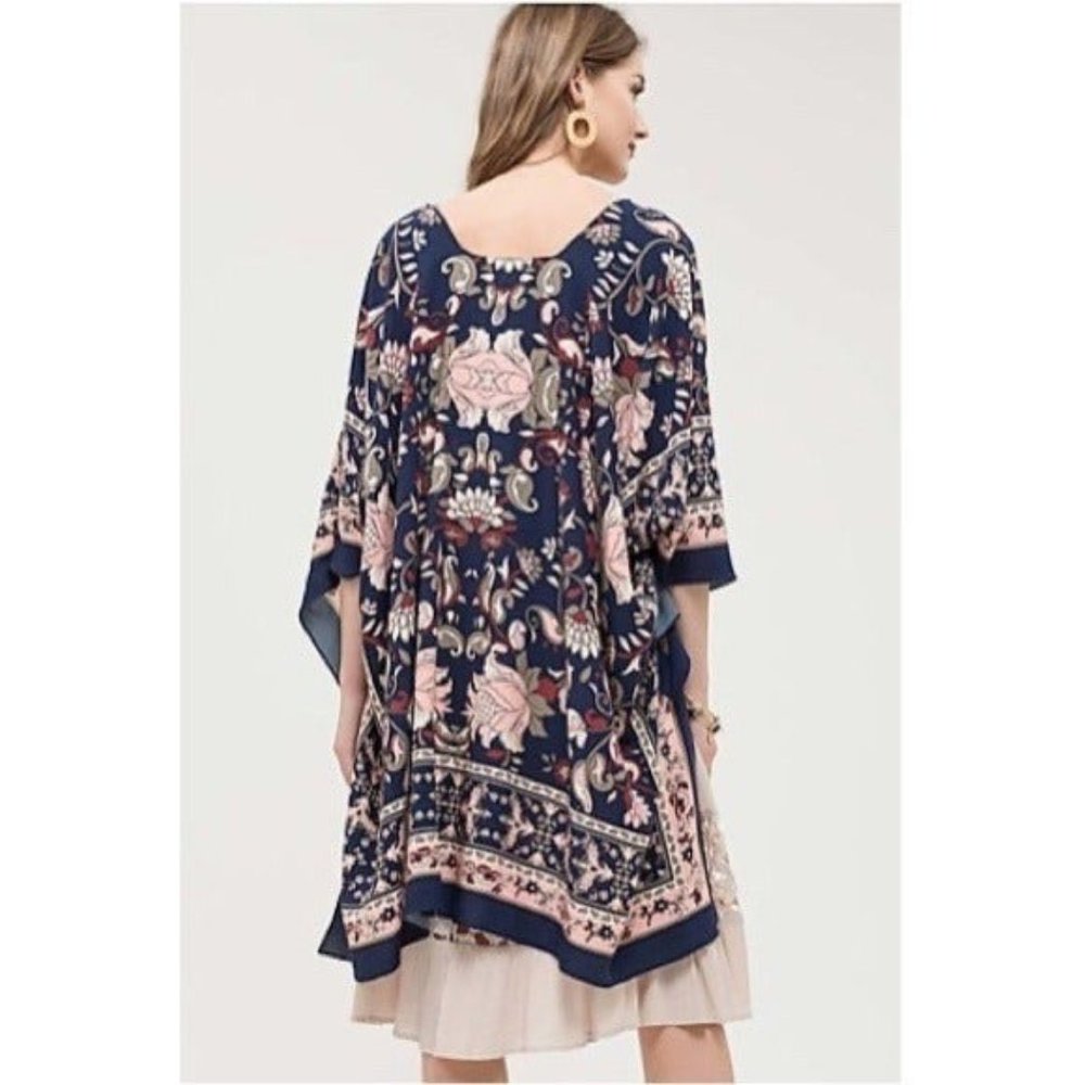 Escape By Blu Pepper Navy Blue Floral Print Kimono One Size NWT Cardigan Coverup